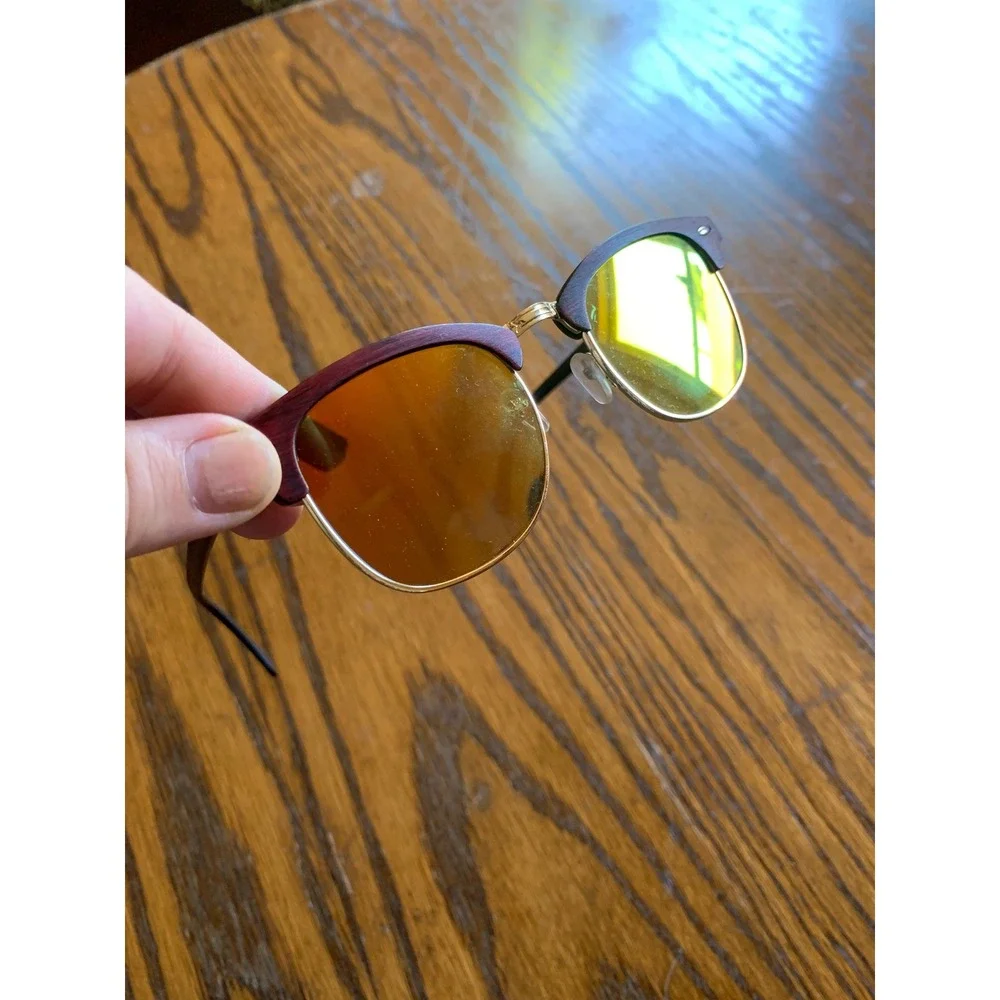 Wood Grain Browline Sunglasses Orange Mirror Lens LS740 UV400 Retro Mens Womens